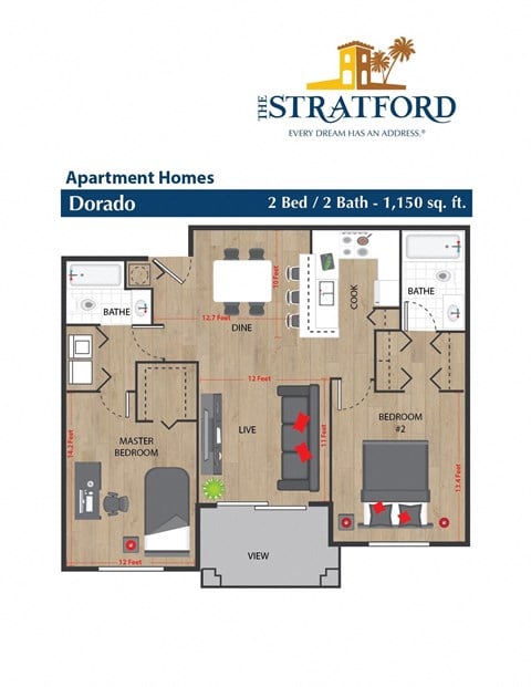 Floor plan for 2 beds, 2 baths, 1150 sqft
